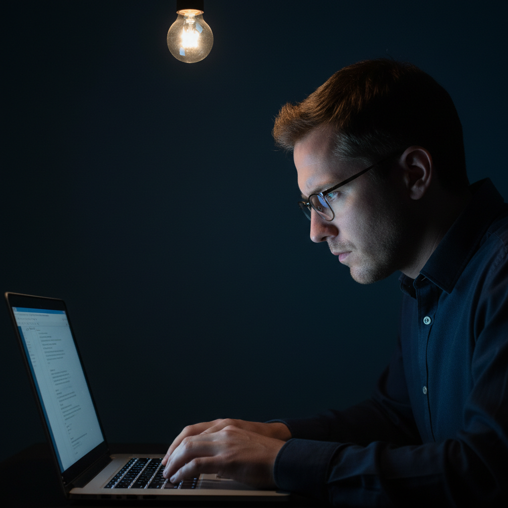 Person typing on laptop in dark home office, single desk lamp, deep atmospheric shadows, muted blue-grey environment