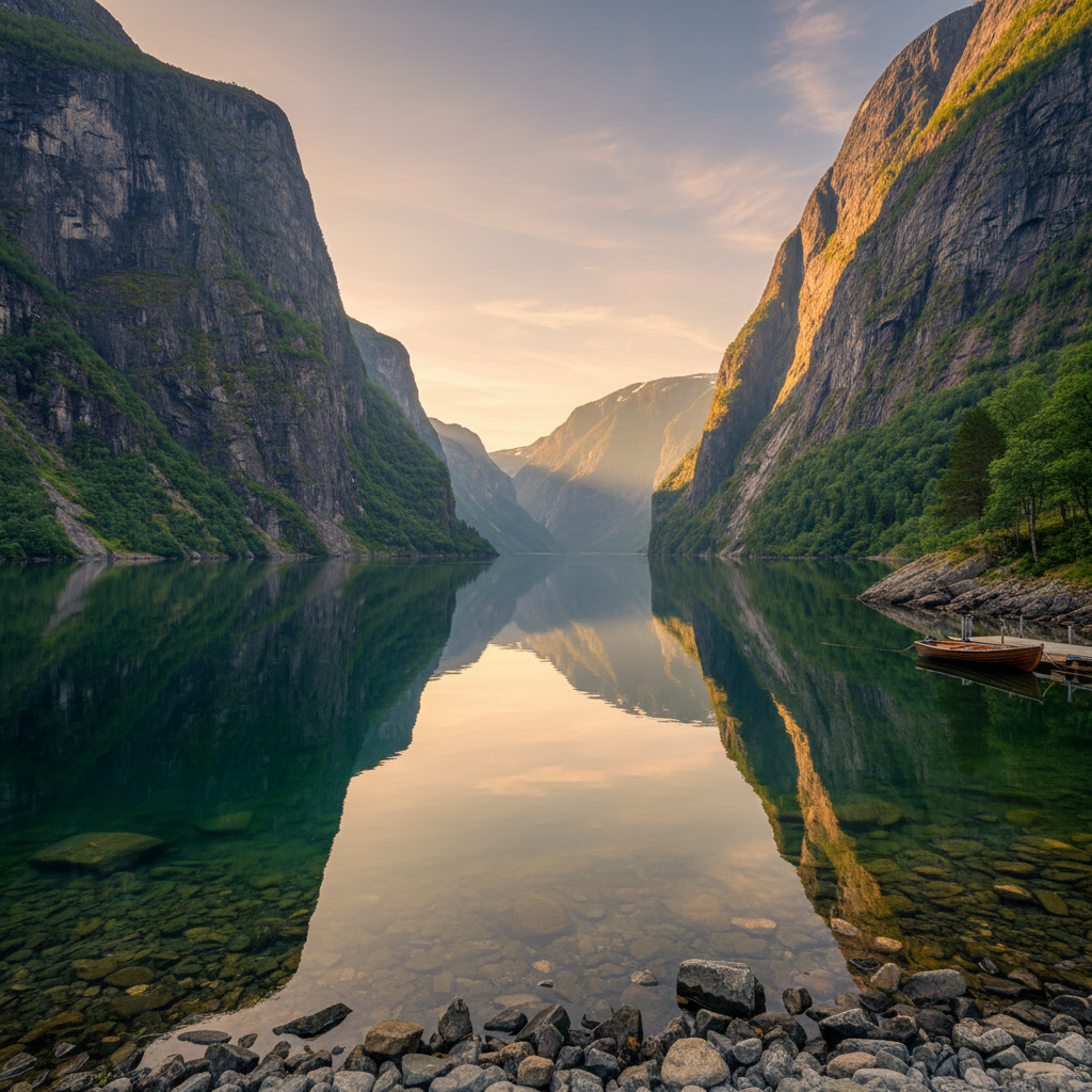 Norwegian fjord landscape with dramatic steep cliffs, mirror-calm water reflecting snow-capped peaks under clear blue sky