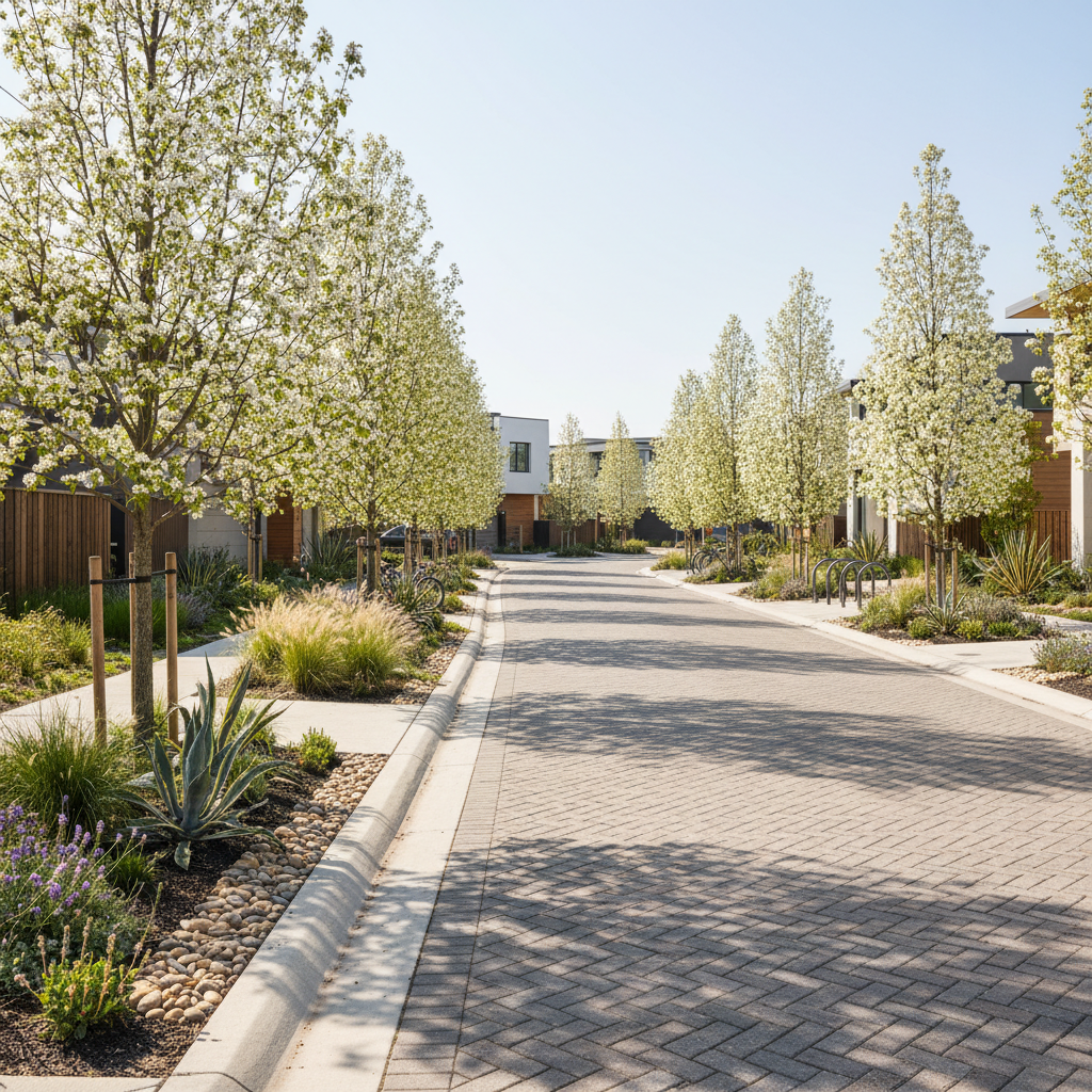 Modern residential streetscape with curated planting beds, concrete pavers, and ornamental trees lining a new development