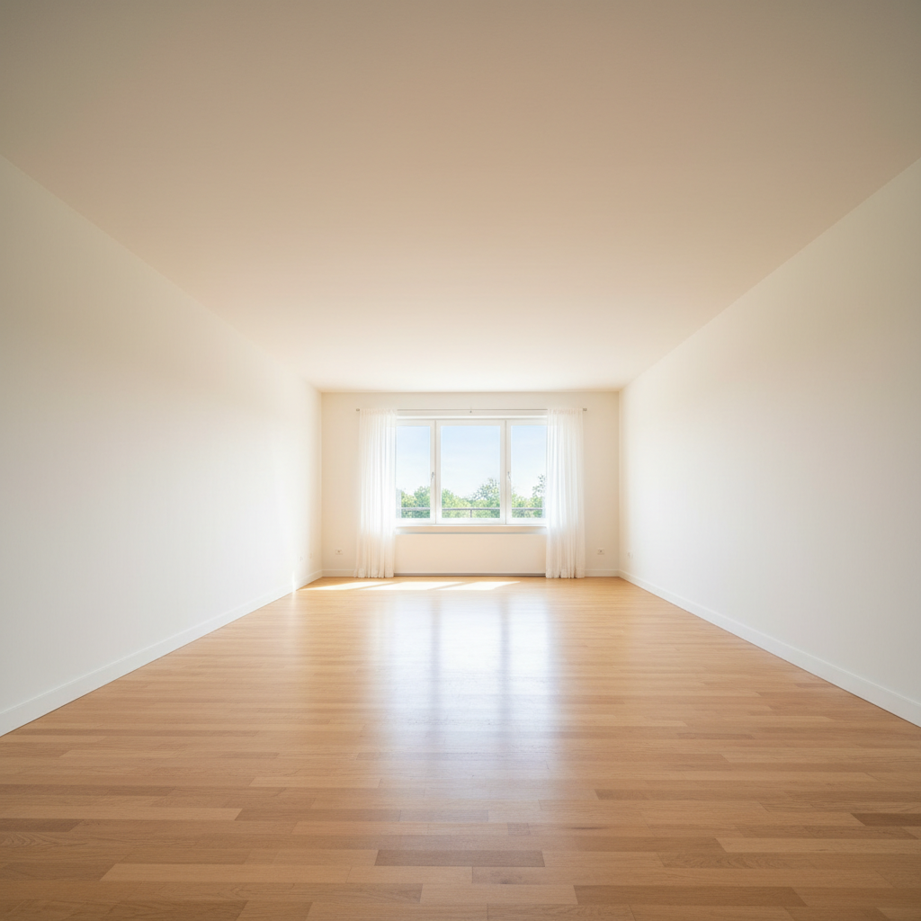 Clean and bright empty room freshly cleaned with gleaming floors and white walls