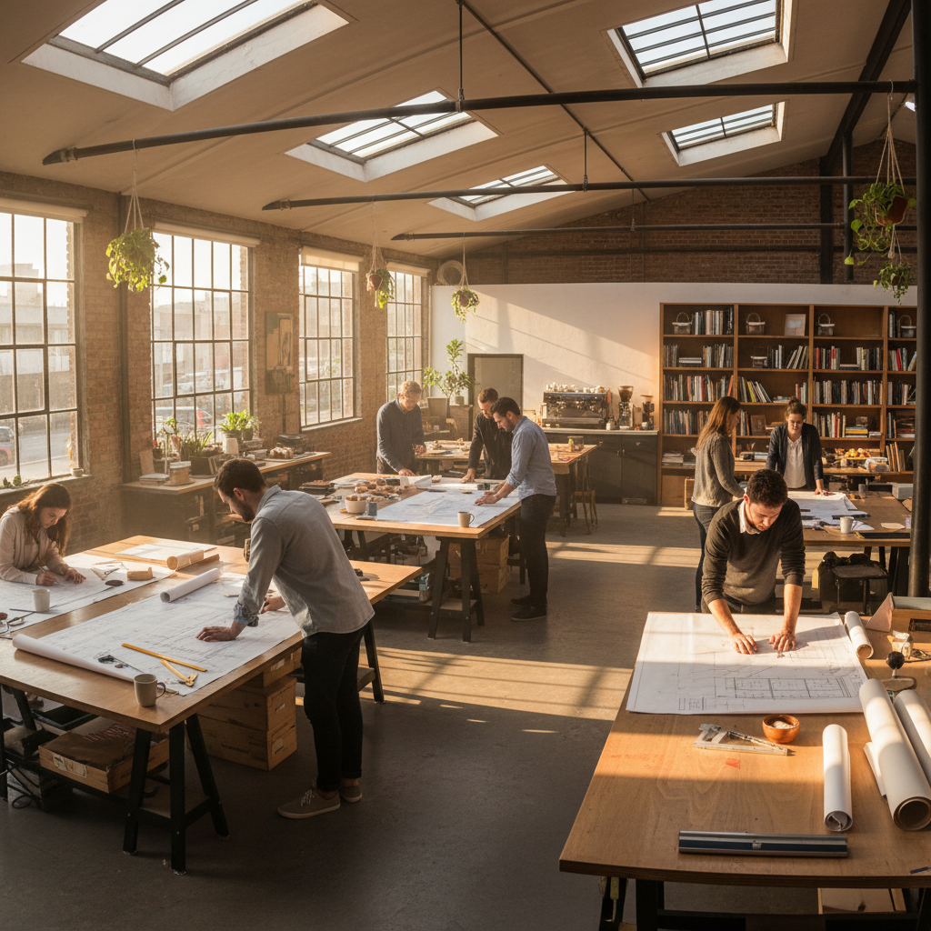 Wide shot of Atelier's main floor with architects at drafting tables, coffee station visible in the background, warm afternoon light through skylights