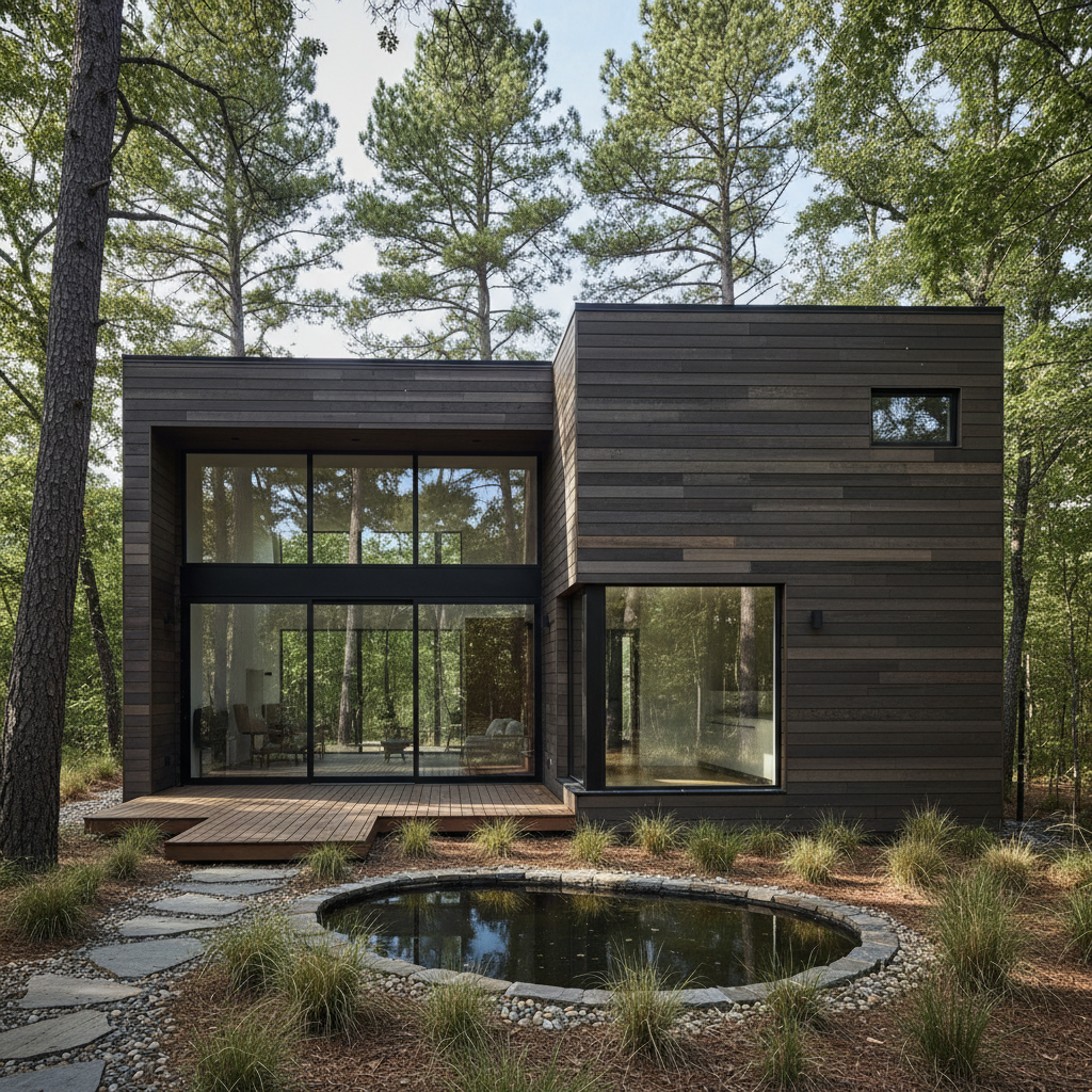 Compact modular home exterior with clean lines and dark cedar siding on wooded lot