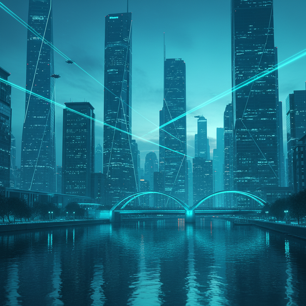 Futuristic city skyline with glowing blue lights and tall skyscrapers