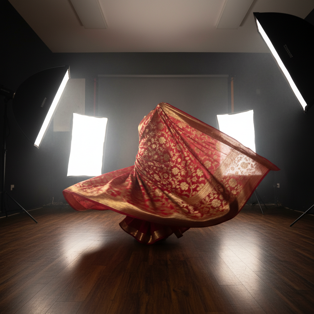 Banarasi silk saree in motion, zari threads catching studio light against dark background