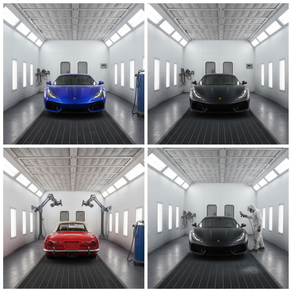 Professional automotive paint booth interior with overhead lighting and clean white walls for vehicle refinishing