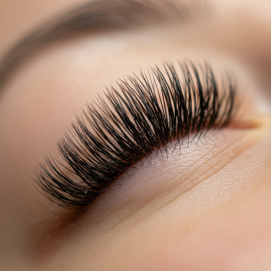 Beautiful lifted lashes close-up, dark mascara, open eye, natural lash lift result
