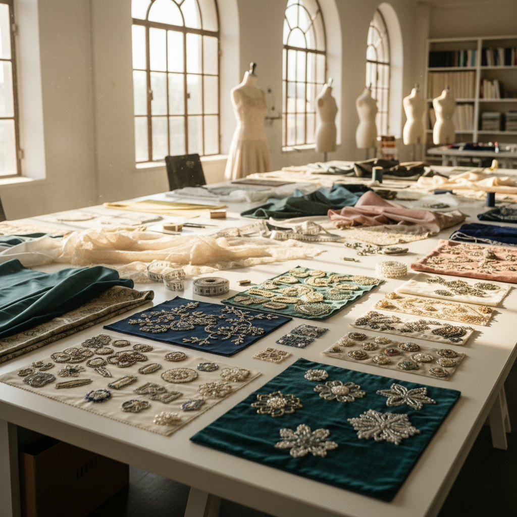 Manos con muestras de aretes y paleta de colores sobre mesa blanca, personalización de joyería