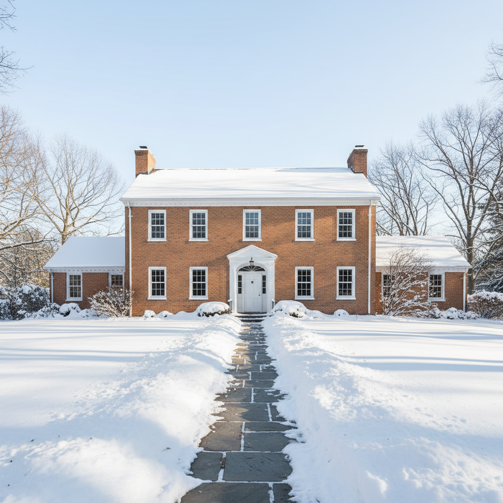 Two-story colonial home exterior in winter with clear skies and snow on the ground
