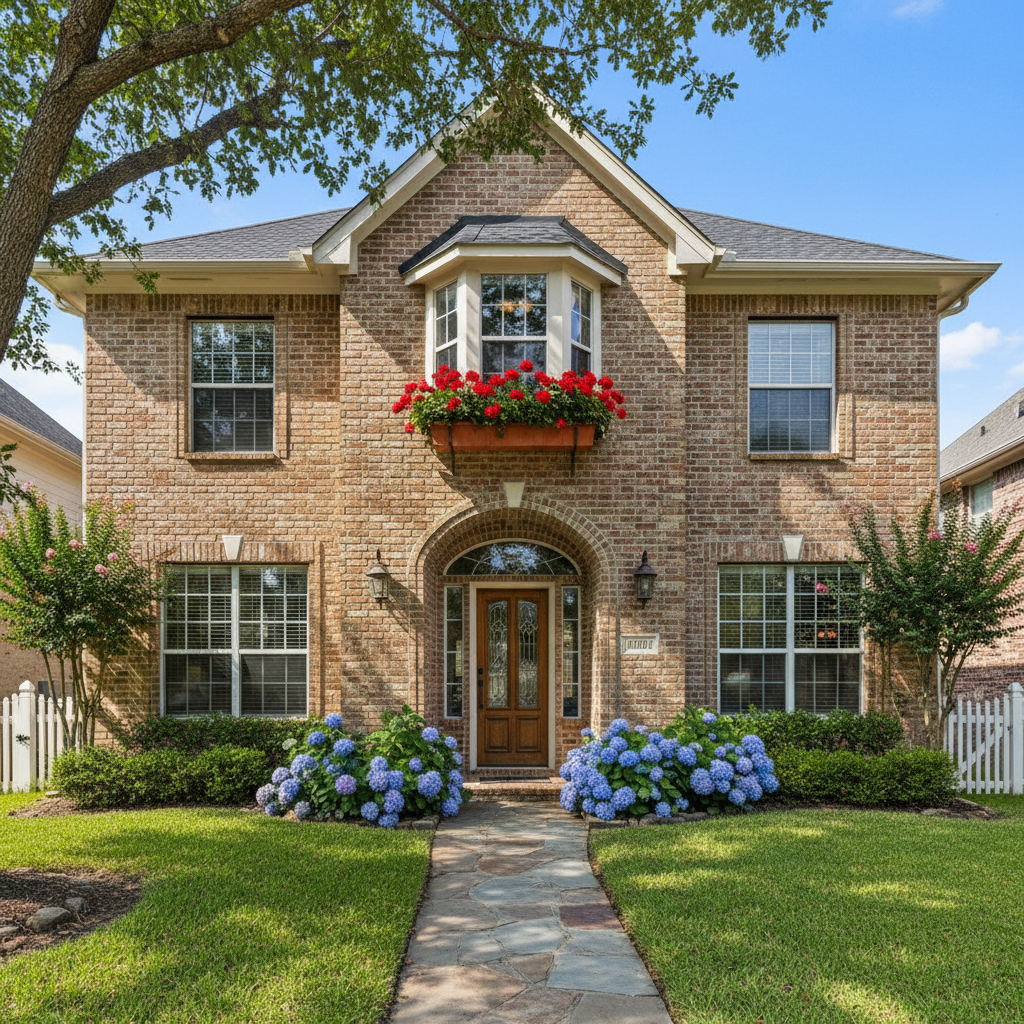 Residential brick home exterior, well-maintained masonry, warm tones, bright daylight