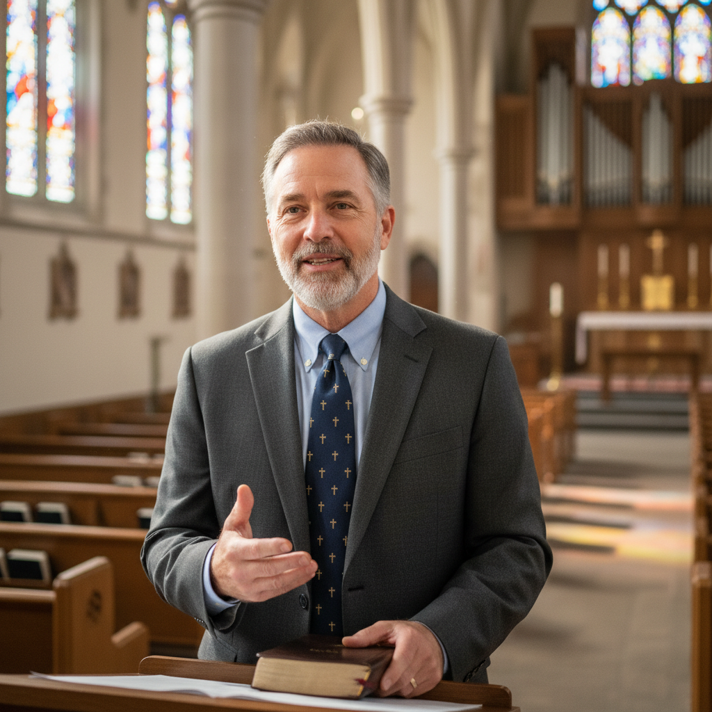 African pastor in smart casual attire smiling warmly in front of church entrance bright outdoor environment