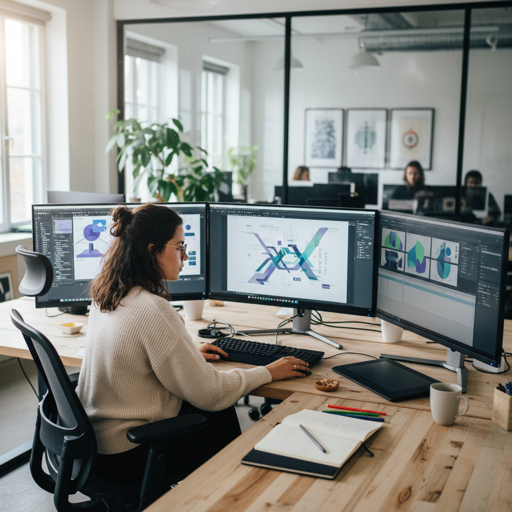 Priya Nair at her desk working on design software with dual monitors