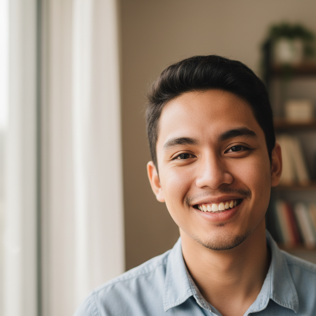 Young Filipino man with casual style and creative energy, urban background