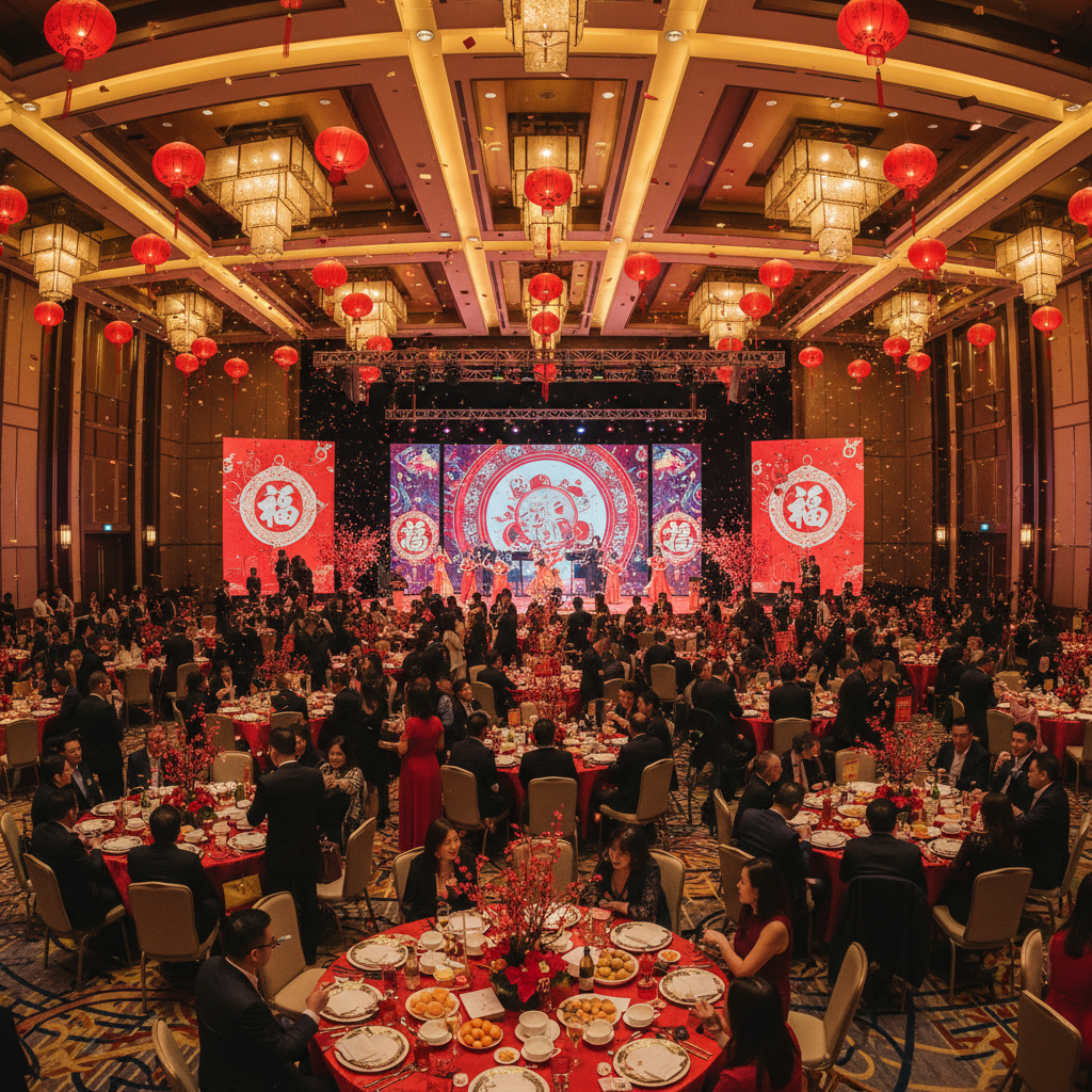 Corporate Lunar New Year gala with 400 guests, ceiling draped in red silk lanterns and gold paper cranes at San Francisco convention center