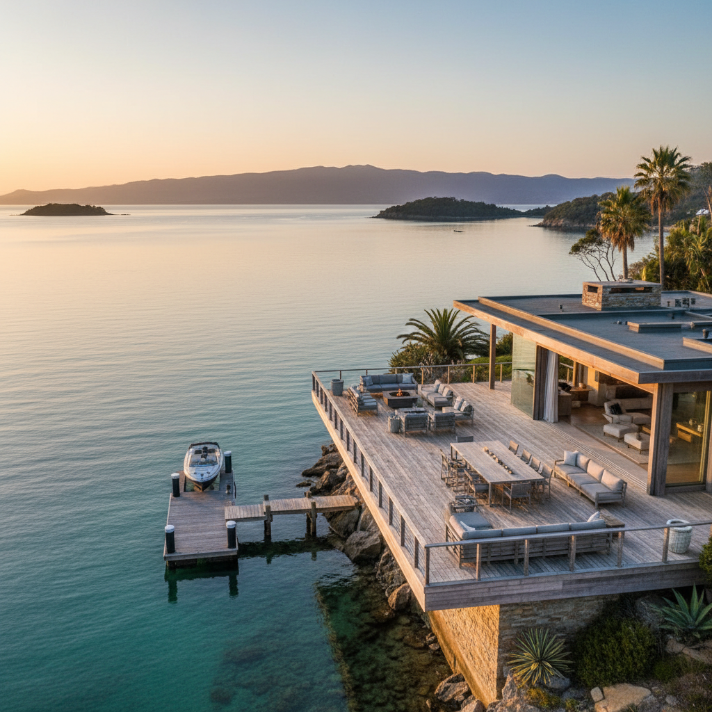 Modern waterway home with private boat slip and kayaks on calm Lake Tahoe waters