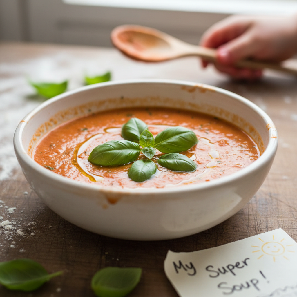Bowl of homemade tomato soup with fresh basil, made by an 8-year-old
