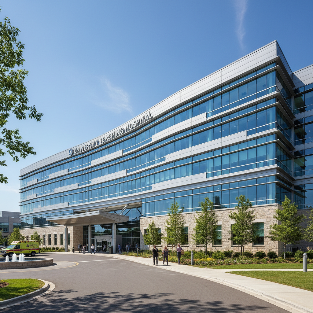 Modern hospital building exterior with glass facade and bright entrance in daytime