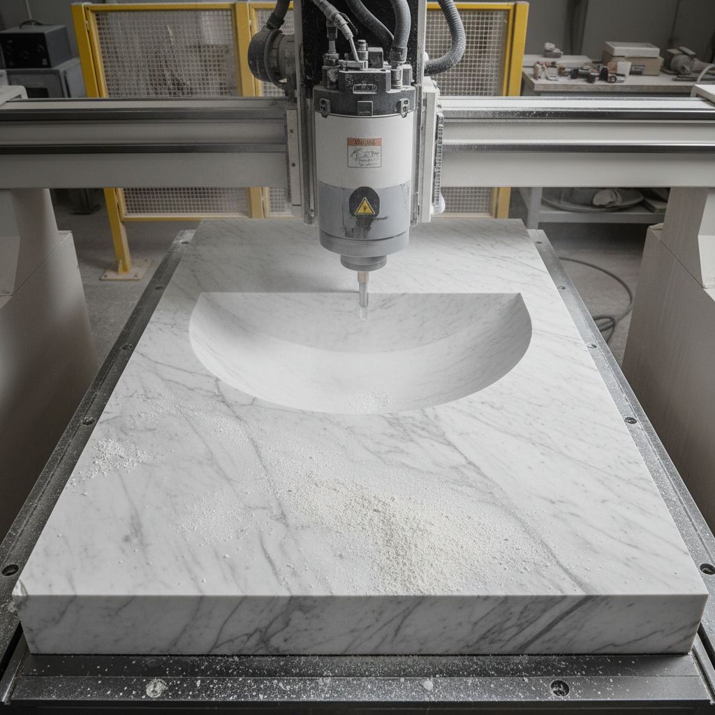 CNC router carving basin profile into marble slab from above, stone dust visible, precision fabrication process