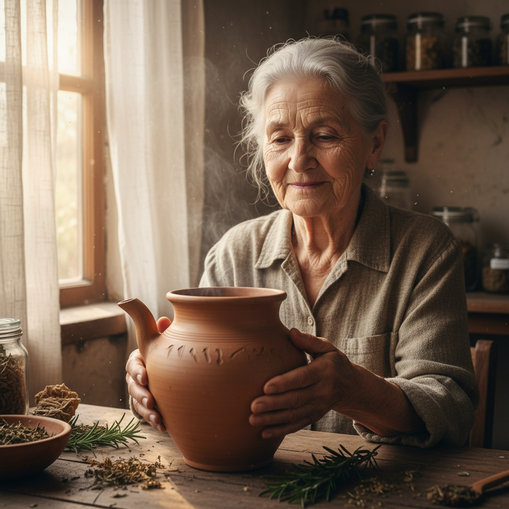 Pouring master Lin Meizhen in stillness before the first infusion, hands resting on a clay pot