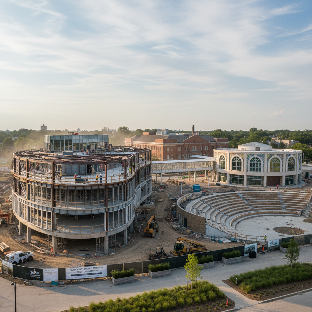 Aerial view of large commercial construction project in Central California, multiple buildings, professional construction management