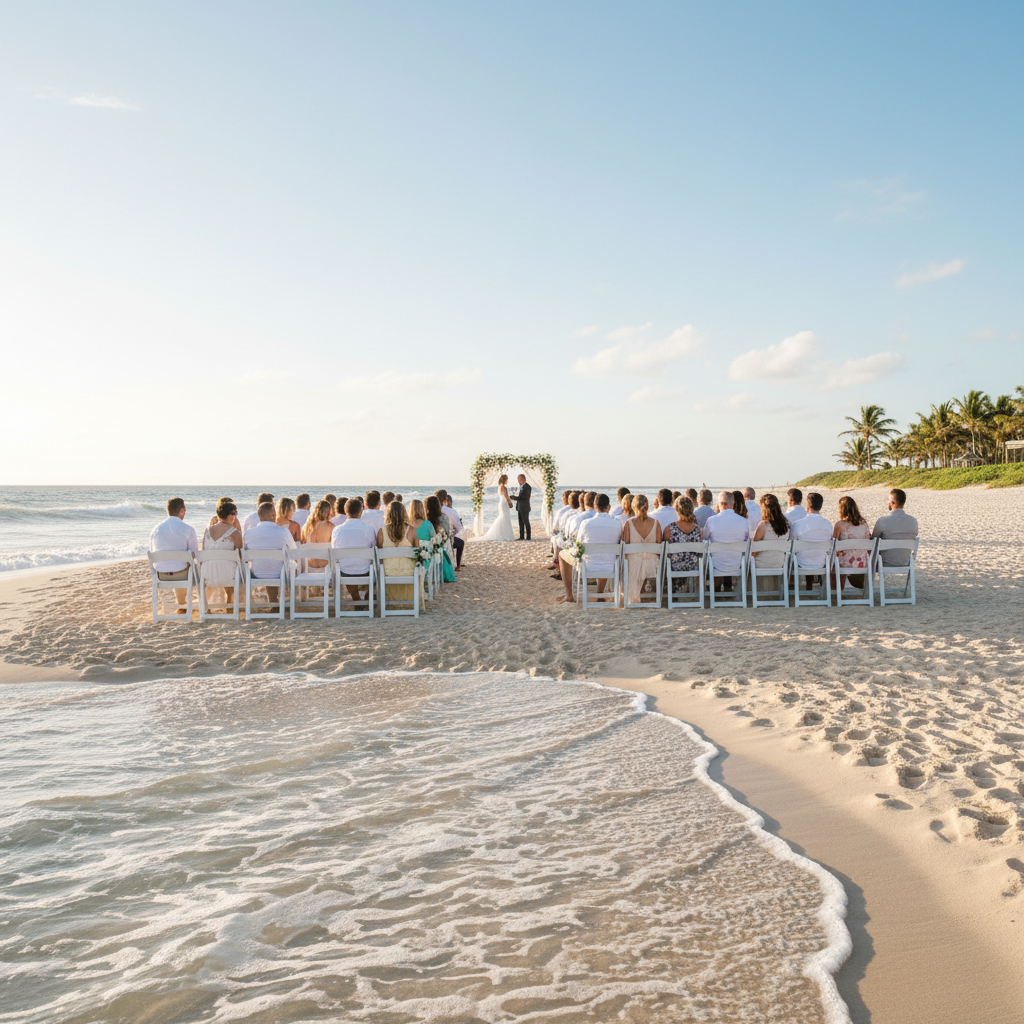 Guests seated in garden rows watching the ceremony