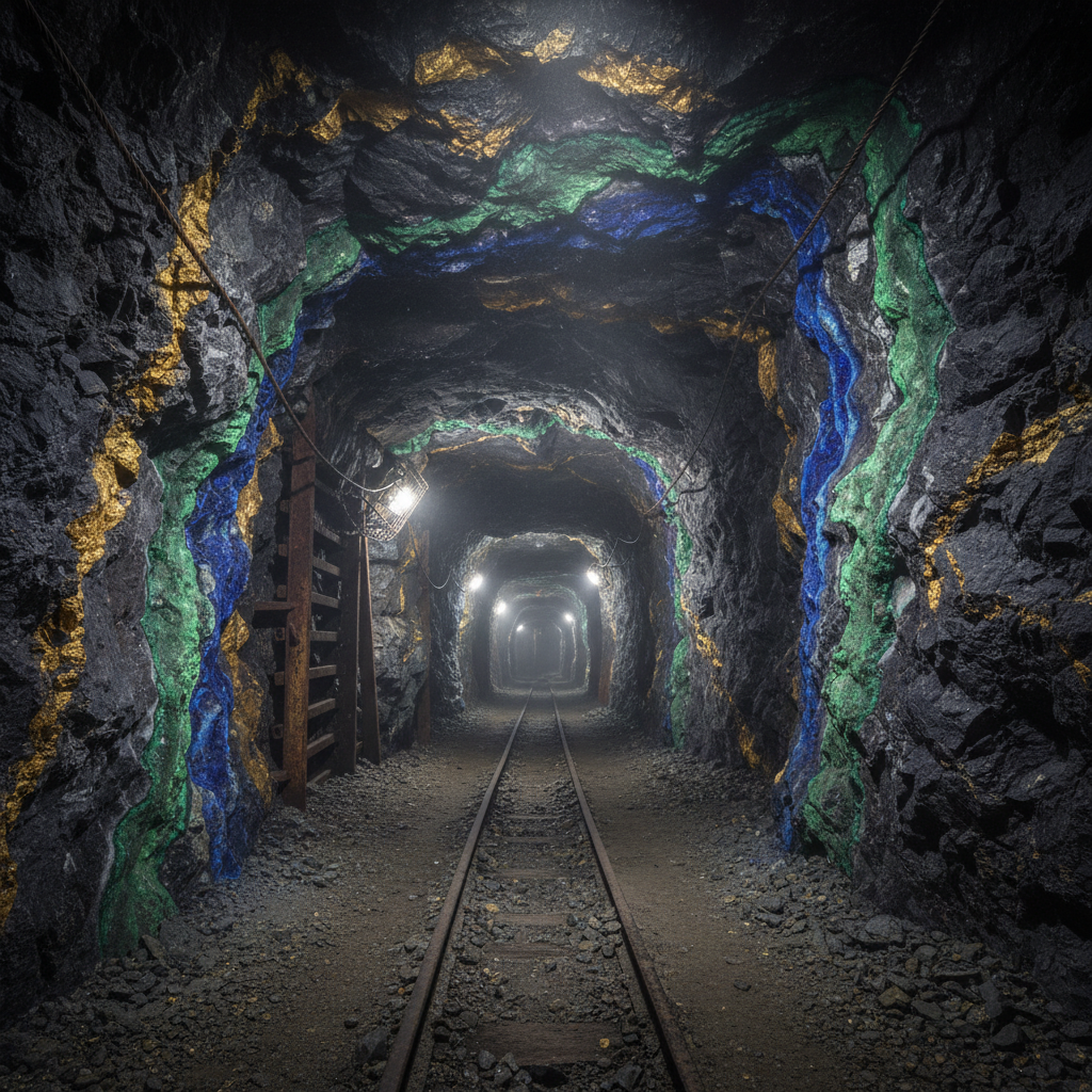 Deep underground mine tunnel showing dark rock walls with mineral veins