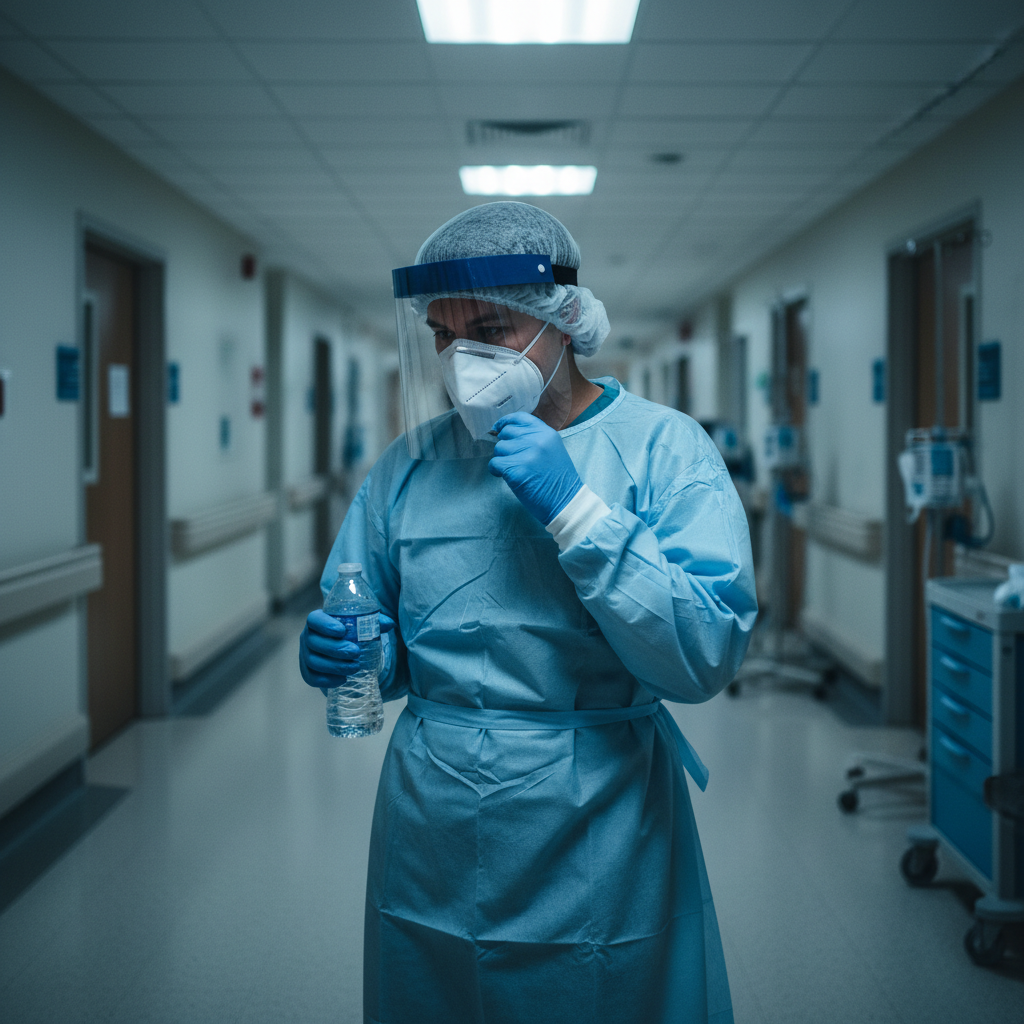 Respiratory therapist in PPE during night shift break