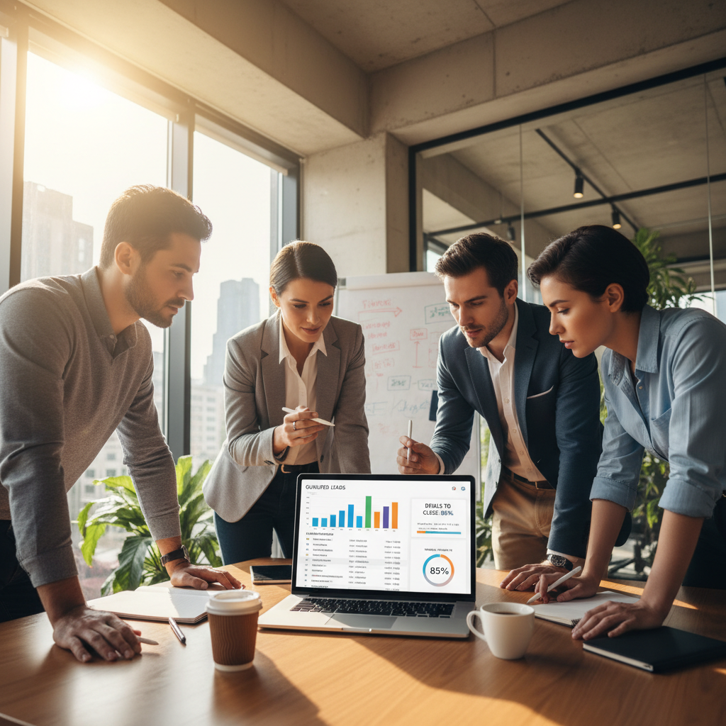 Business meeting with documents and laptop, bright well-lit office, two professionals reviewing data