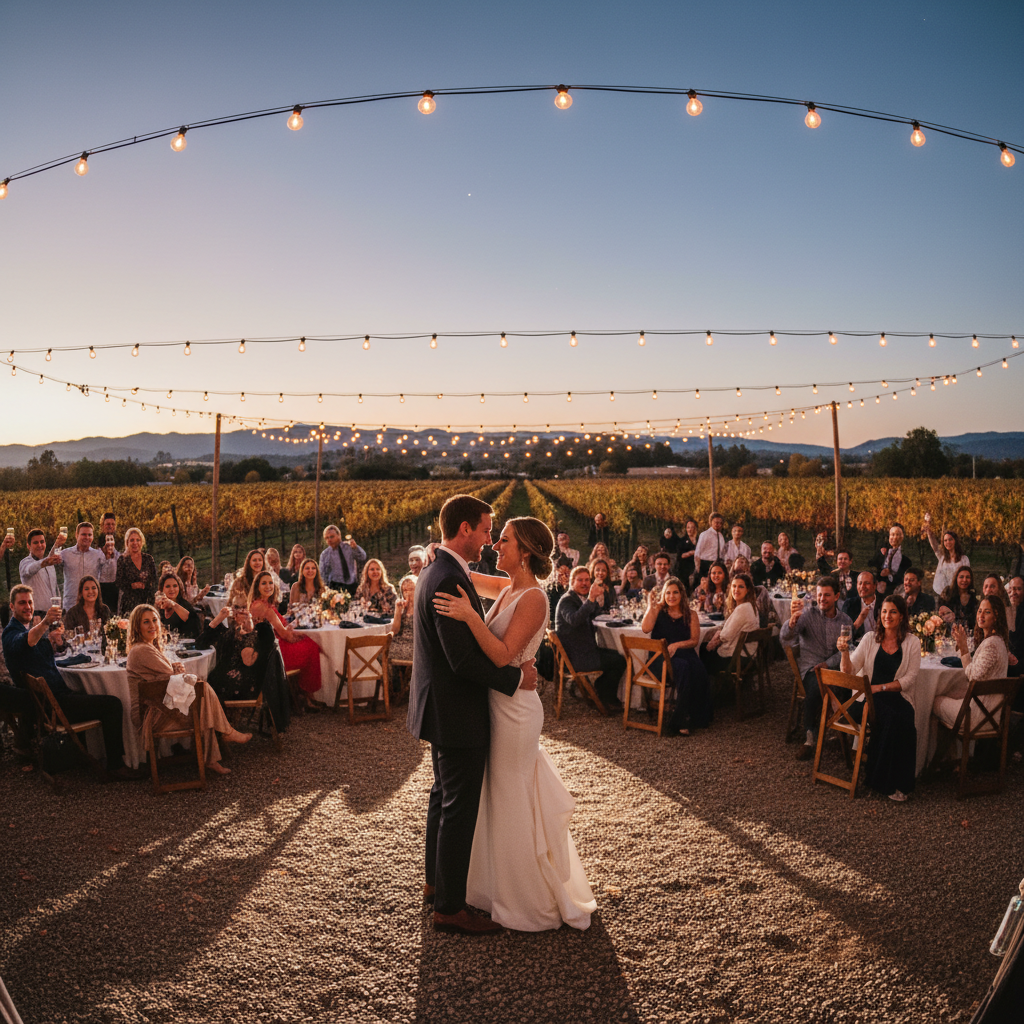 Wedding reception — couple sharing first dance under warm string lights, romantic atmosphere