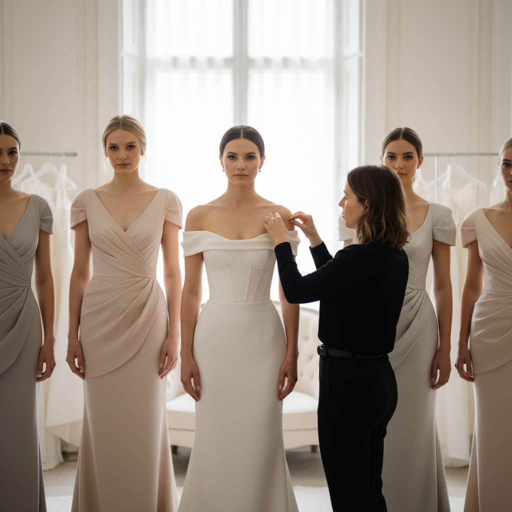 Stylist Priya Nair arranging a bridal party lineup of five women in structured dresses, adjusting shoulder seam