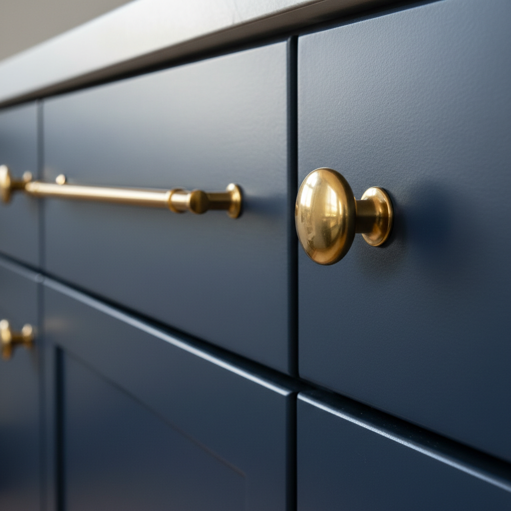 Brass cabinet hardware against deep navy cabinetry in renovated kitchen