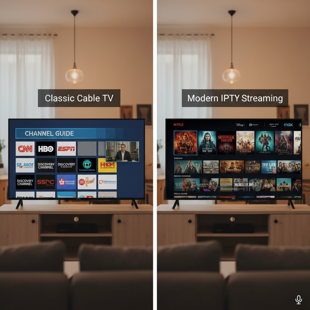 Comparație vizuală între televizor cu cablu clasic și streaming IPTV modern