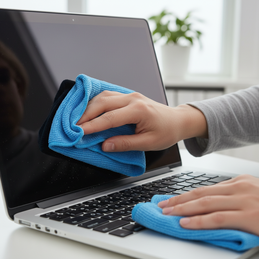 Laptop cleaning kit with microfiber cloth, brush, and cleaning solution