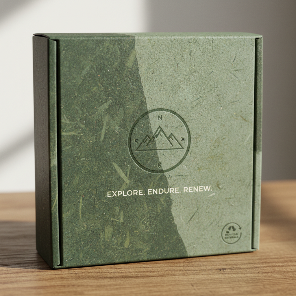 Minimalist brand identity design with earthy tones, clean typography on white background, packaging mockup