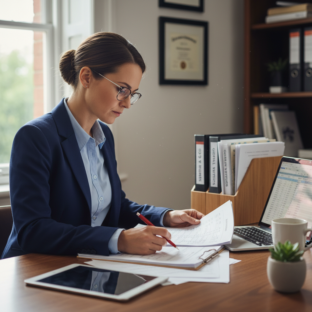 Accounting professional reviewing financial documents and organizing client records