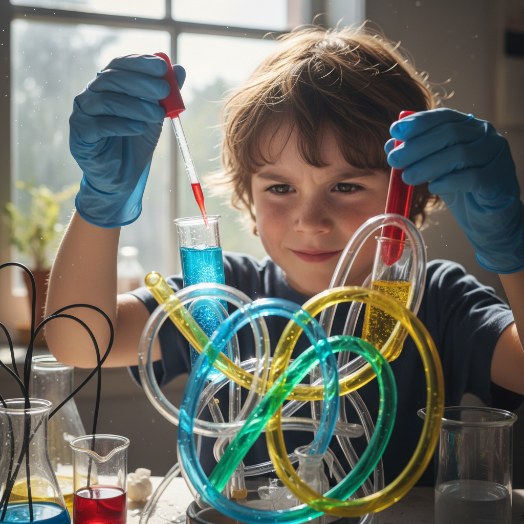 Child conducting a science experiment with colorful liquid in test tubes, bright laboratory setting
