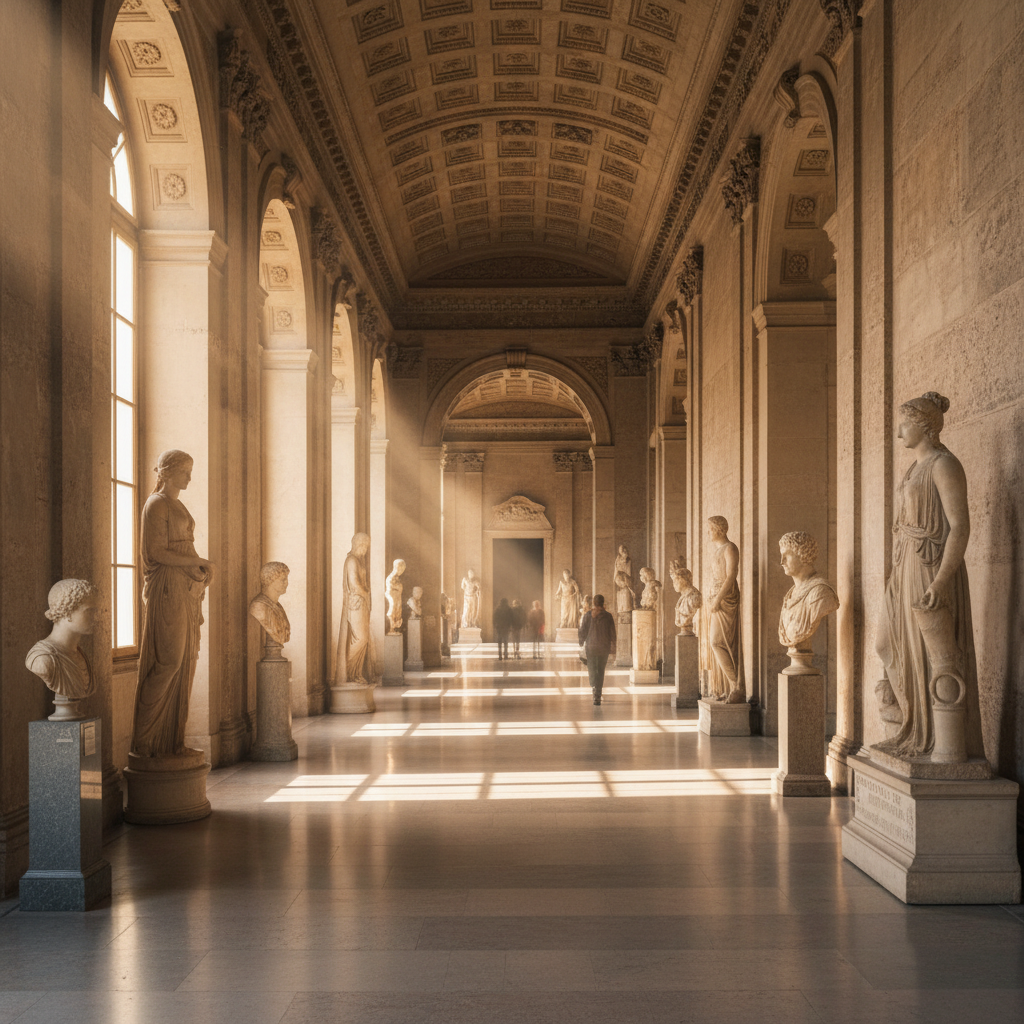 Sunlit museum corridor with classical sculptures and warm afternoon light streaming through windows