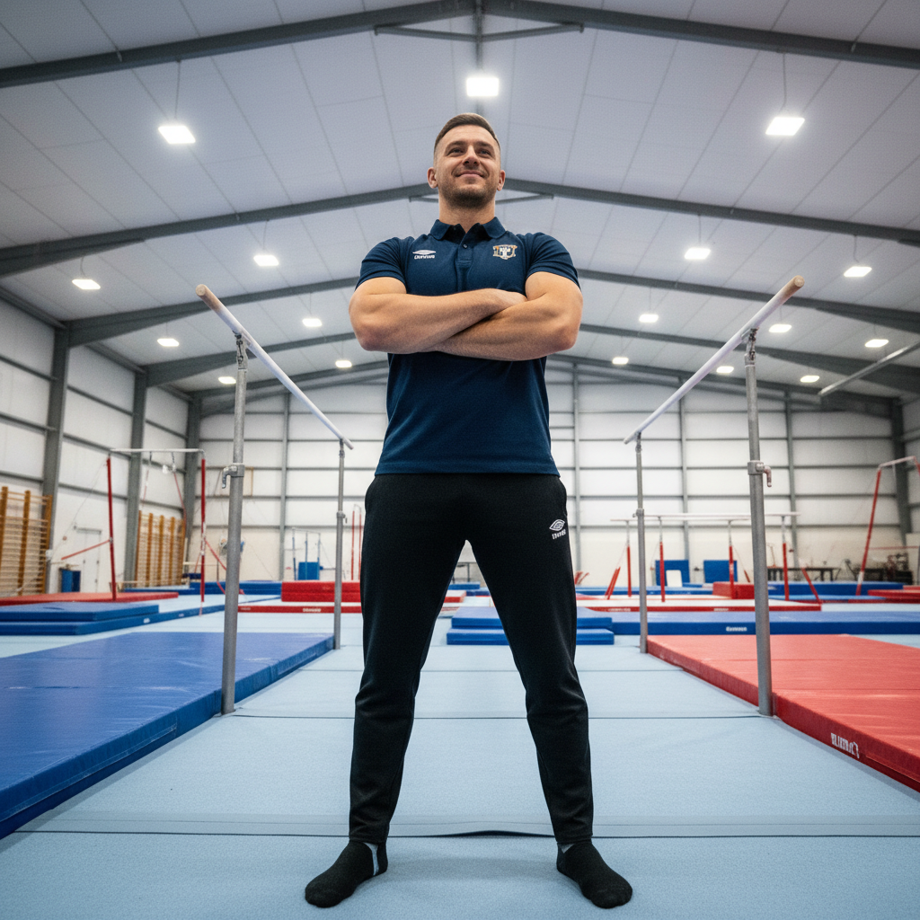 Male gymnastics coach Marcus Webb standing confidently in a competitive gym setting
