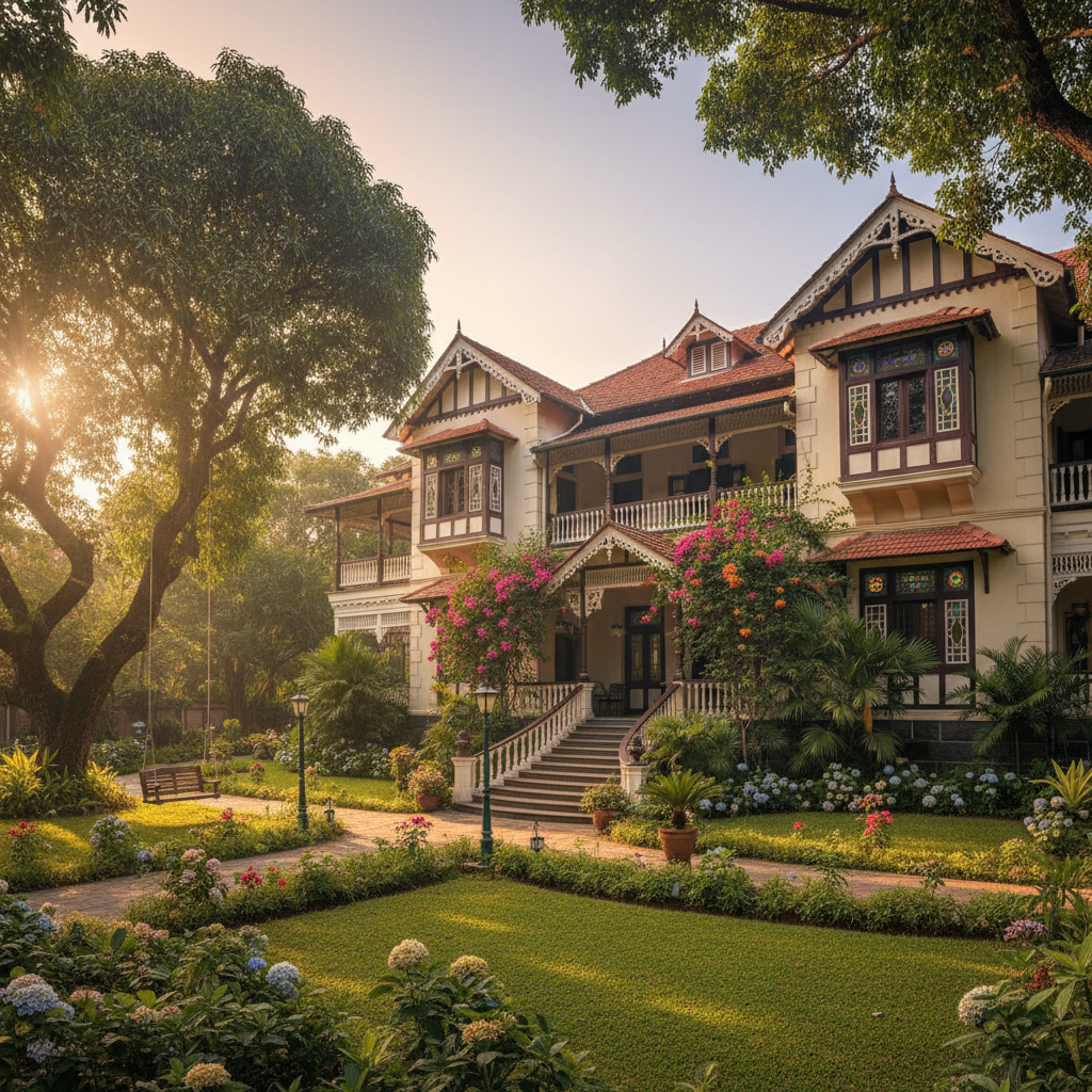 Classic 4BHK bungalow with large verandah and manicured garden in Pune Koregaon Park