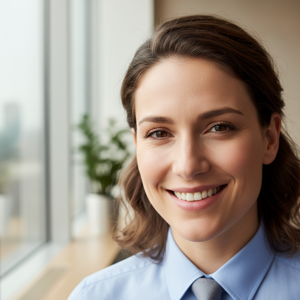 Bright natural portrait light, clean warm background, soft shadows, calm and reflective atmosphere