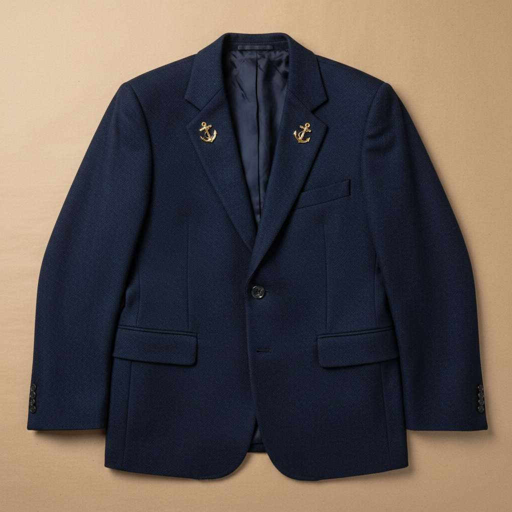 Navy blazer laid flat on kraft paper with shoulder pins