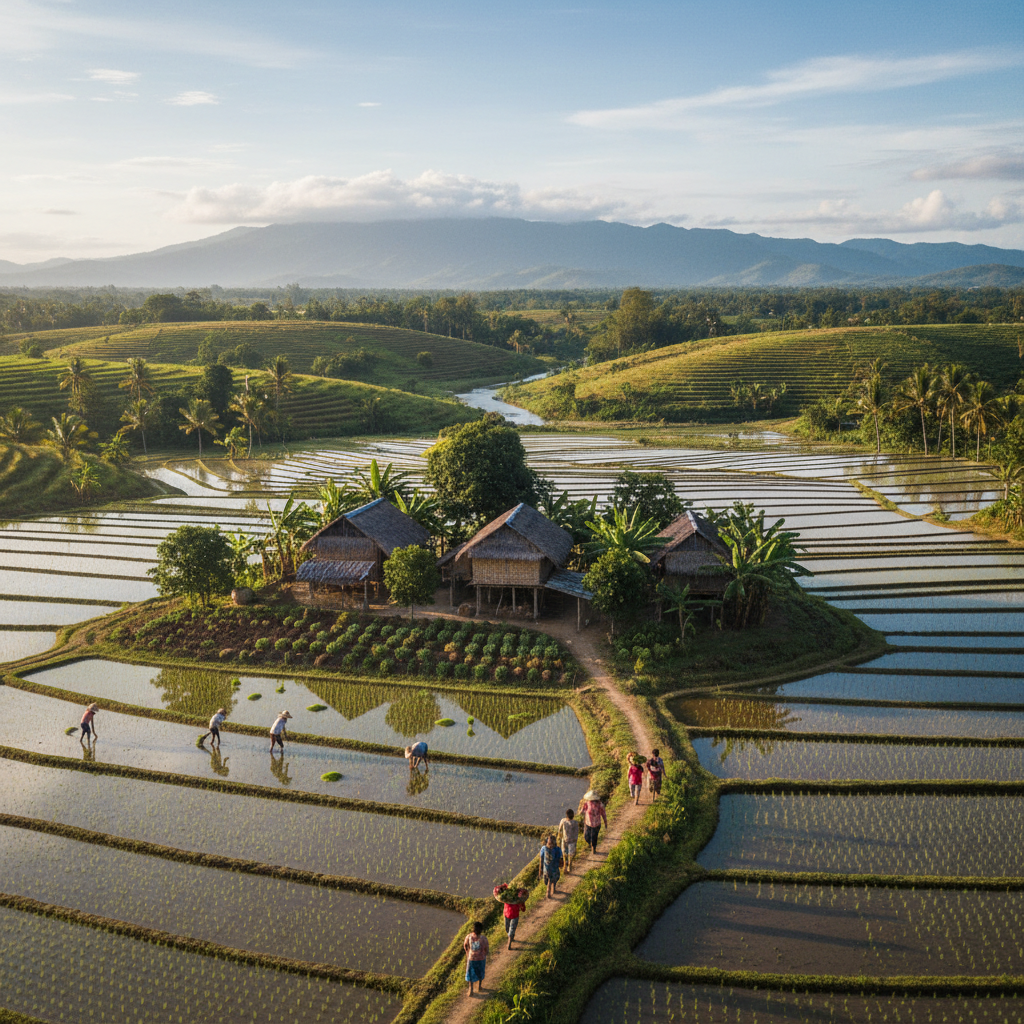 Aerial view of rural Cebu farmland with green rice paddies and traditional Filipino farming community