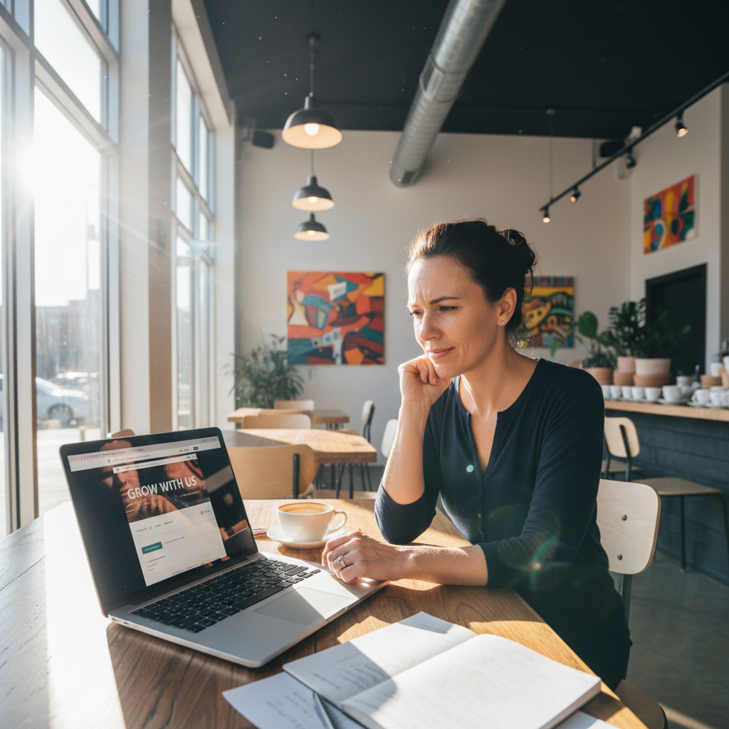 Small business owner reviewing their new professional website on laptop