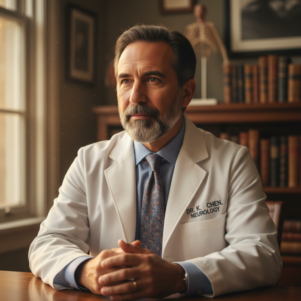 Male neurologist in clinical setting with thoughtful expression, warm natural light
