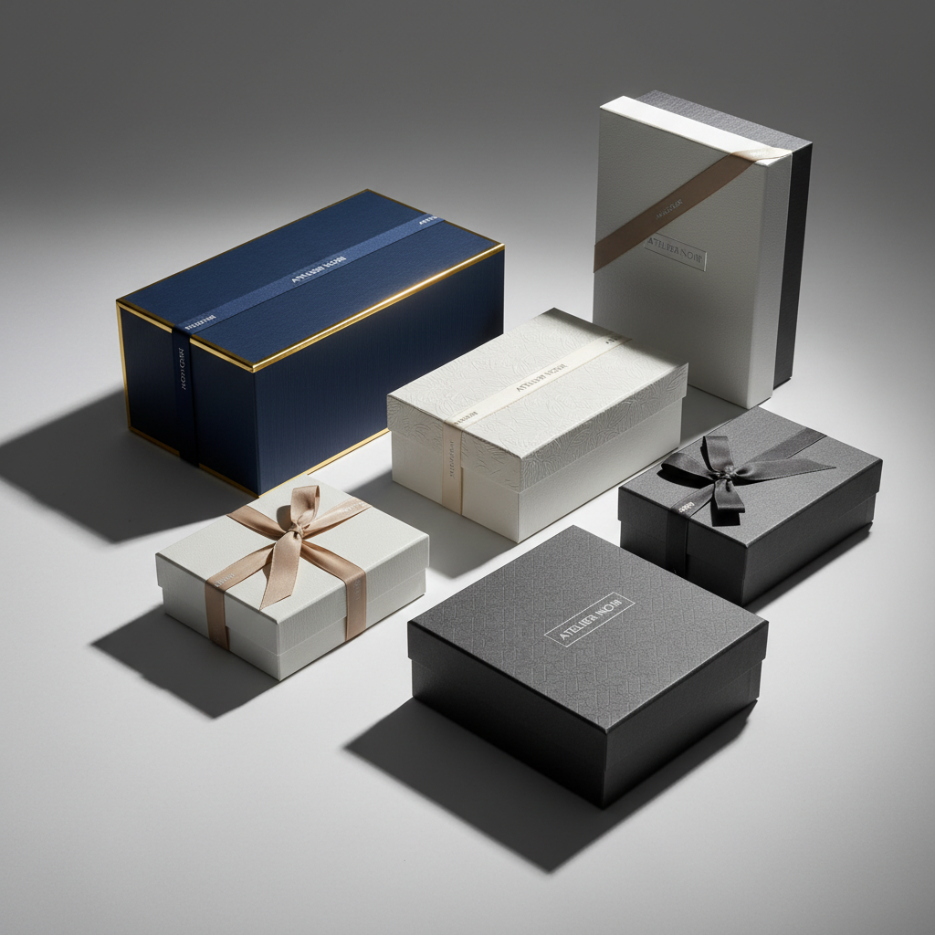 Custom branded packaging including gift boxes, mailer boxes, and bags
