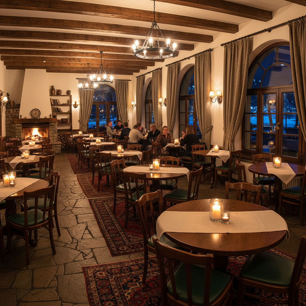 Cozy restaurant interior with warm mood lighting, candles on tables, elegant decor, intimate dining atmosphere