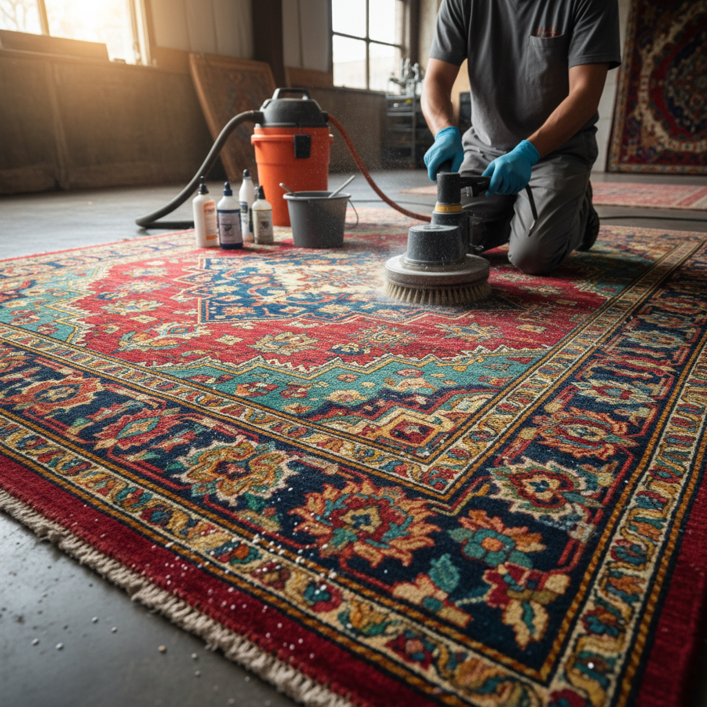 Colorful area rug on hardwood floor in a bright California home, looking clean and vibrant after professional cleaning