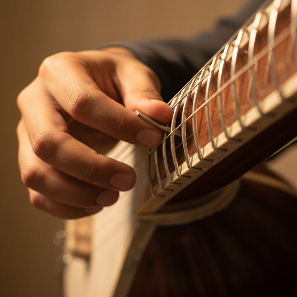 Close-up of sitar strings being played with skilled fingers in warm ambient light