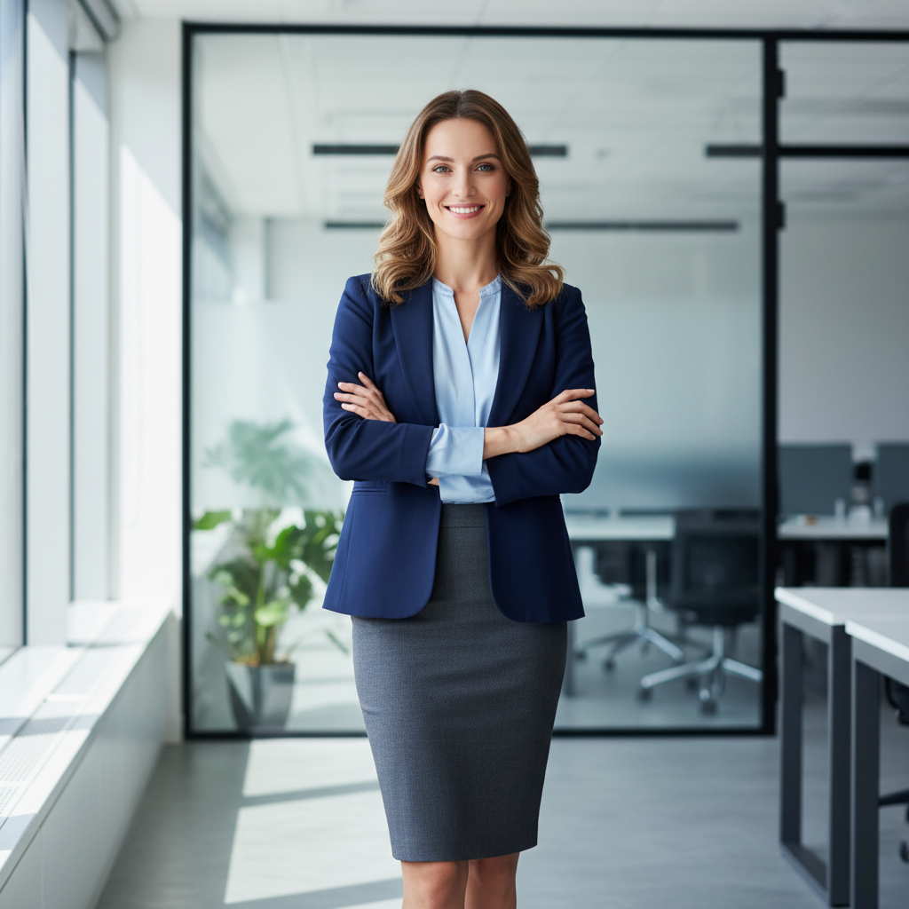 Professional woman in business attire, hotel revenue management consultant, confident expression in modern office setting