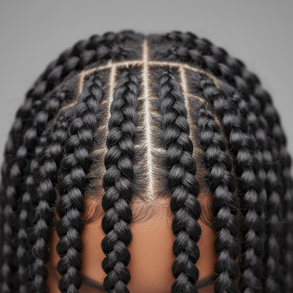 Close-up of neat box braids on dark background, gold light from above, deep shadows, rich black hair texture