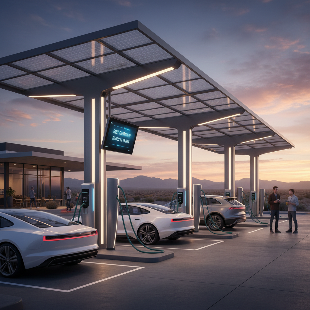 Electric vehicle charging at a modern fast-charging station with solar canopy, green energy concept, daytime